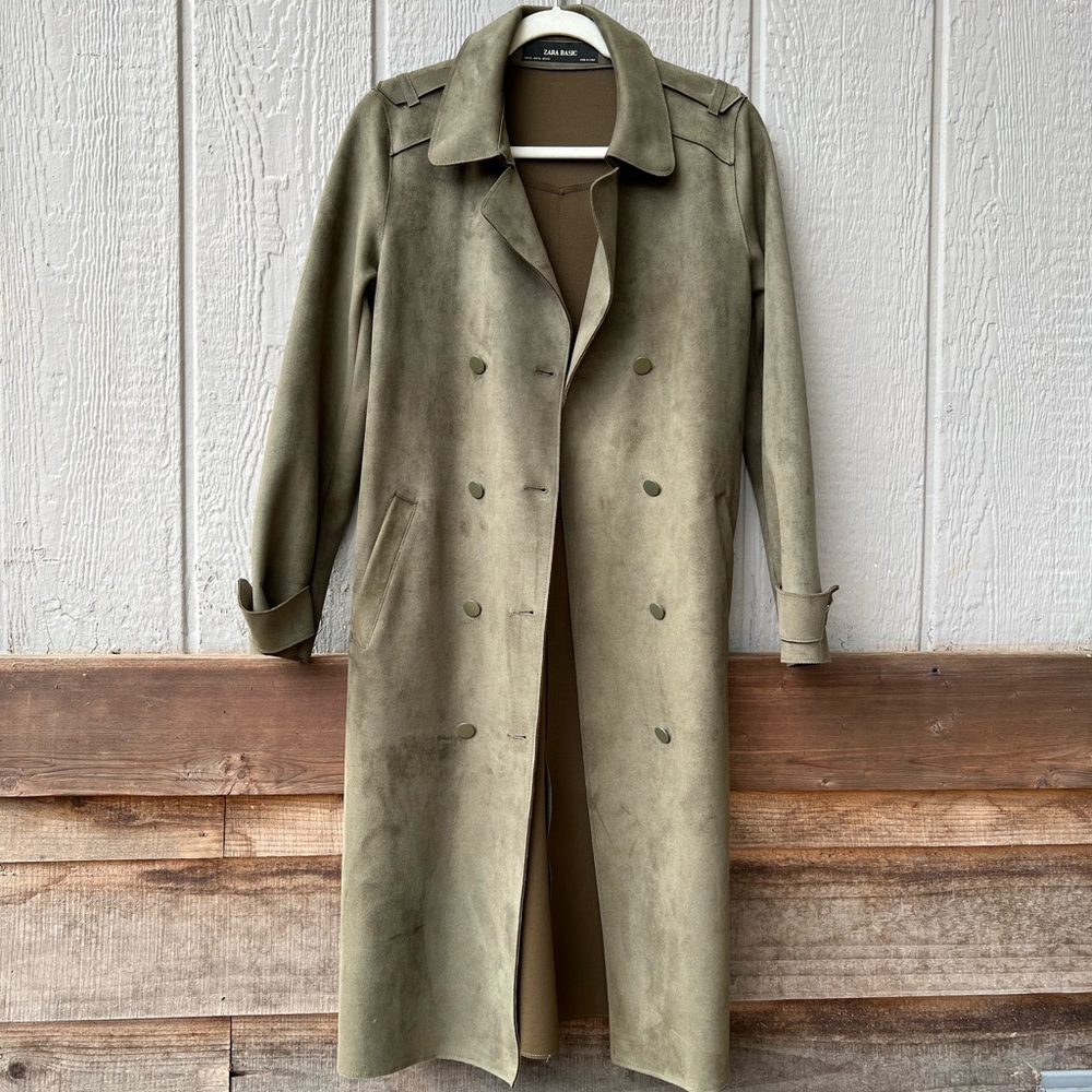 Zara Basic full length faux suede army green button up collared trench coat - Picture 1 of 15